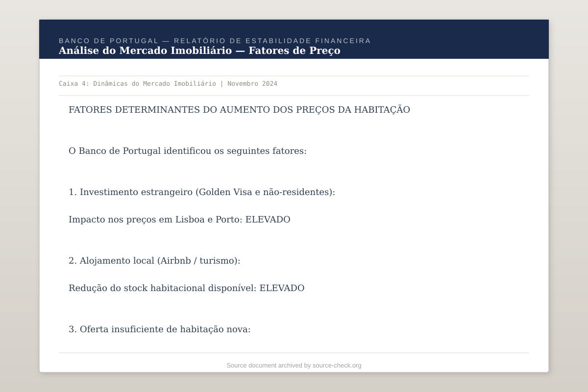 Banco de Portugal — Análise do Mercado Imobiliário e Fatores de Preço 2024