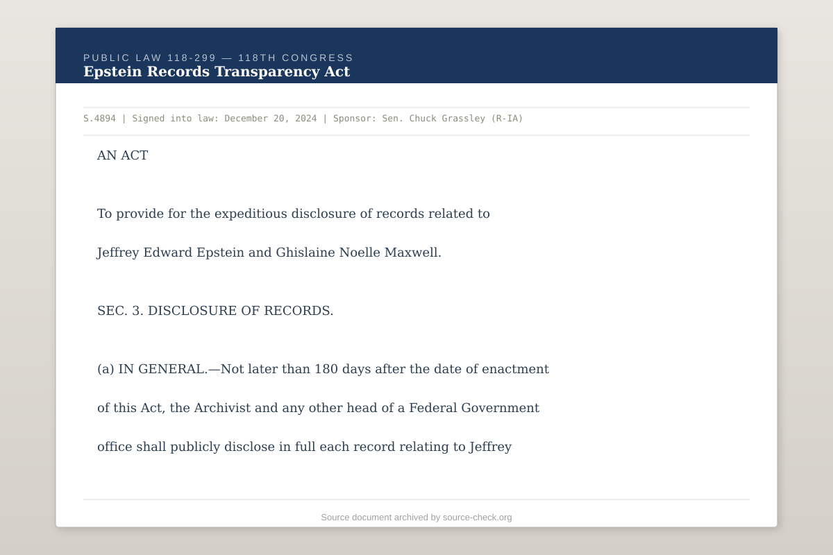Epstein Records Transparency Act — Public Law 118-299, Signed December 2024